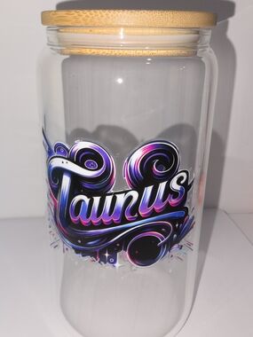 Clear Glass Canister with Bamboo Lid - Purple/Pink 'Taurus' Design